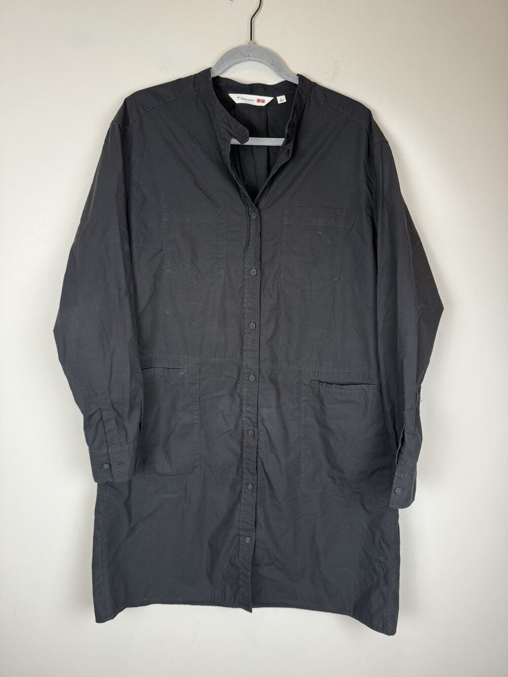Uniqlo Tomas Maier Shirt Dress Womens L Black Long Sleeve Cotton Overshirt